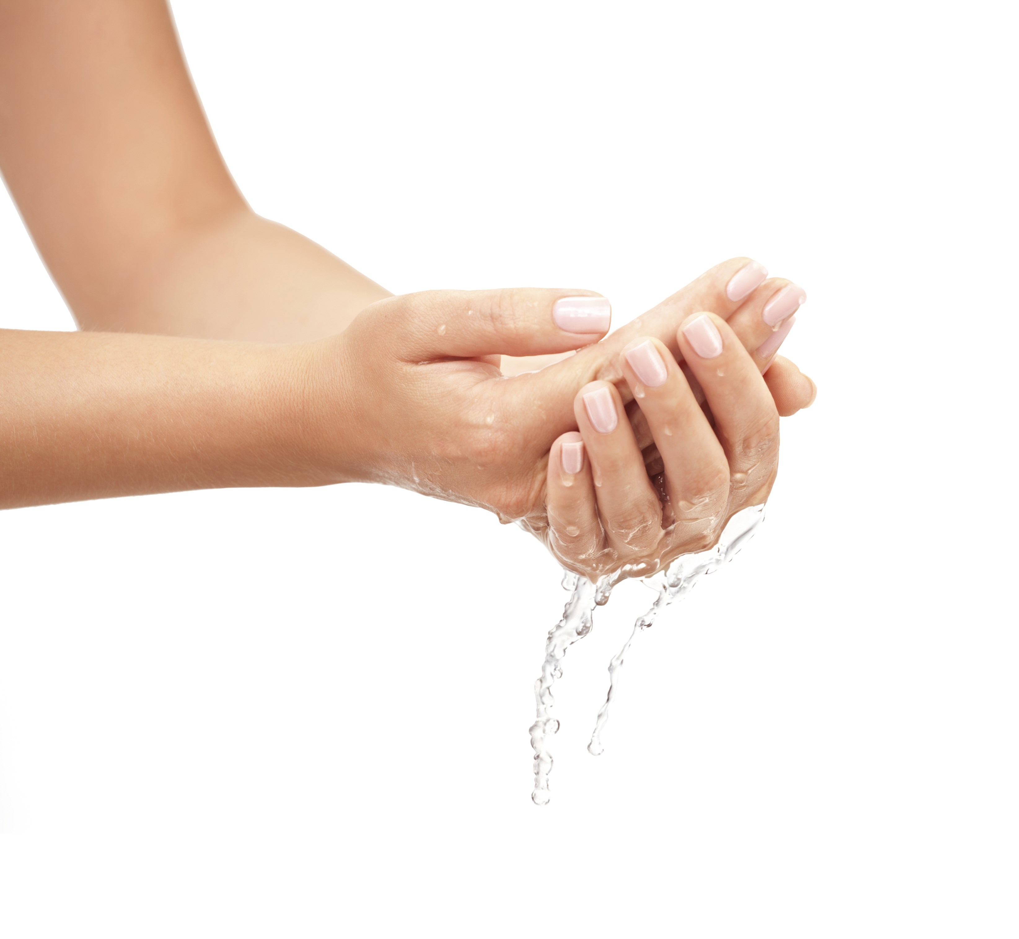Легко смывается водой. Умывание рук. Чистые руки. Мытье рук на белом фоне. Вода в руках.